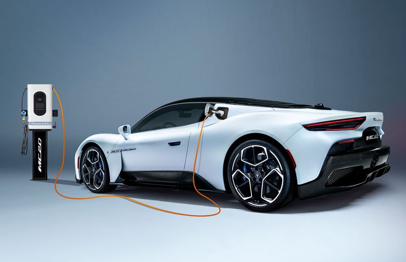 Maserati MC20W electric car connected to charger