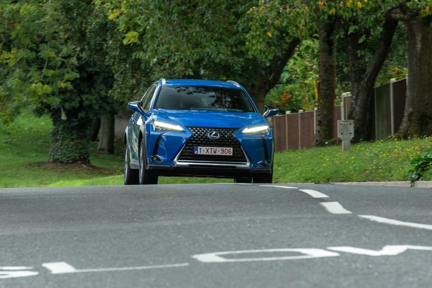Lexus UX300e exterior front driving in country