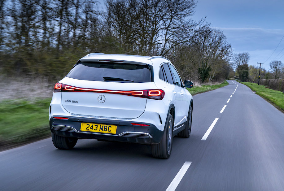 Mercedes EQA rear action shot in countryside, UK registered