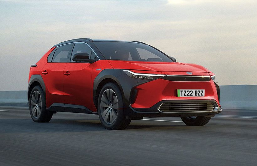 Toyota, Toyota bZ4z, Toyota electric car, front, red, UK, action, driving
