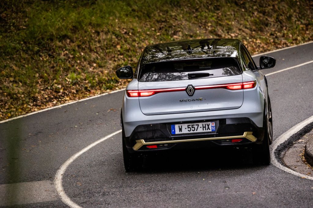 Renault Megane E-Tech, Renault electric, Megane electric, E-Tech, rear, white, action, driving