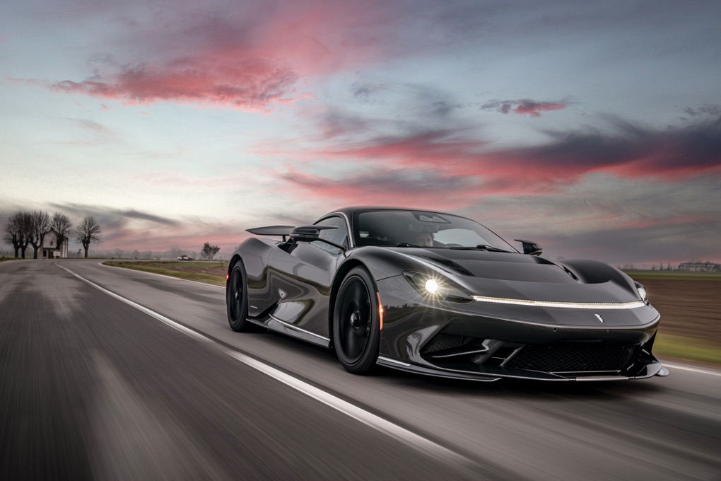 Pininfarina Battista front tracking, dramatic sky