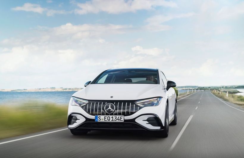 Mercedes EQE, AMG, White, driving, electric