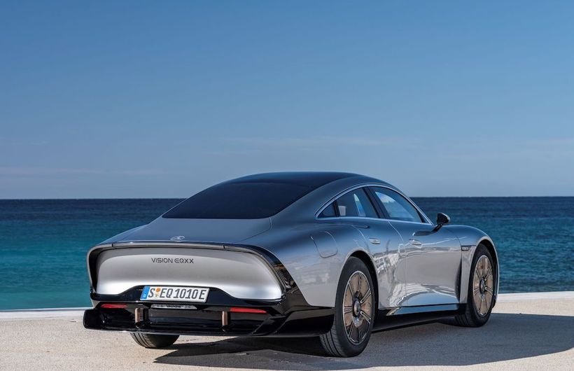 Mercedes EQXX, rear static on a beach