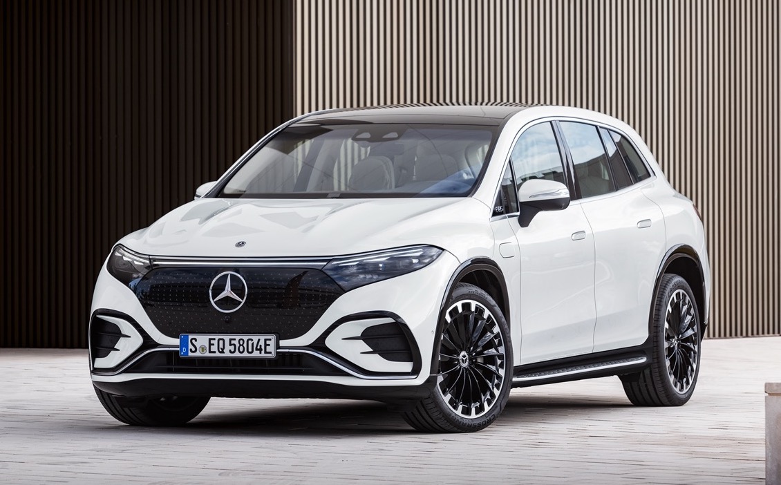 Mercedes EQS SUV front three quarter static, white car, German registration