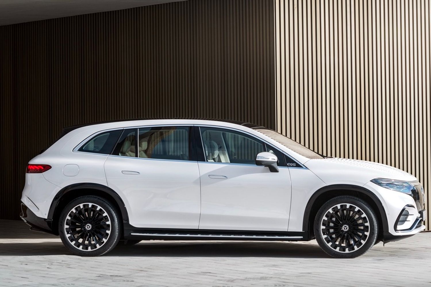 Mercedes EQS SUV side on static, white car