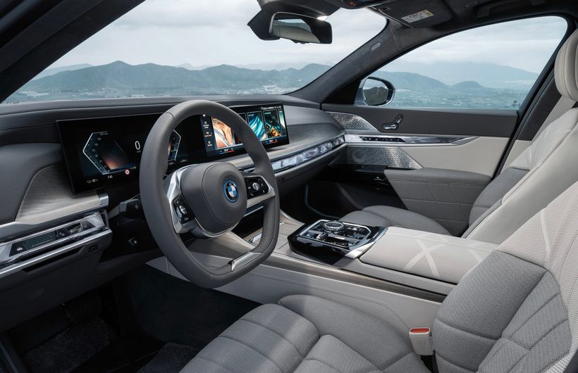 BMW i7 interior, cream leather, LHD