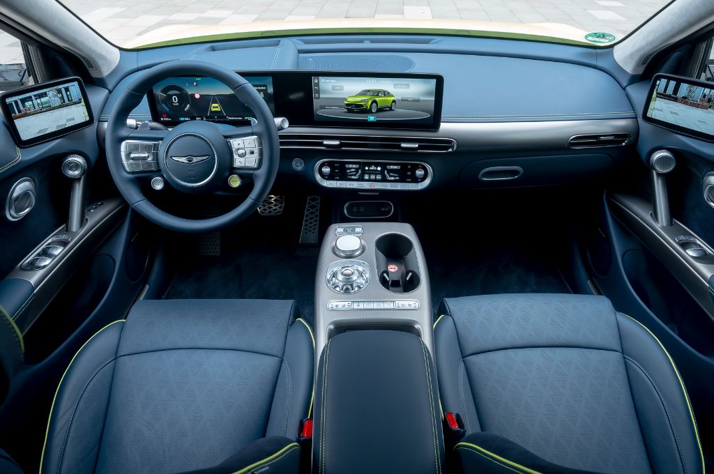 Genesis GV60, Genesis, GV60, Genesis electric, digital mirror, yellow, lime, switches, interior