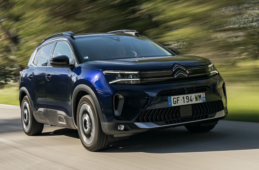 Citroen C5 Aircross, action shot, front three quarters, French registered, blue car