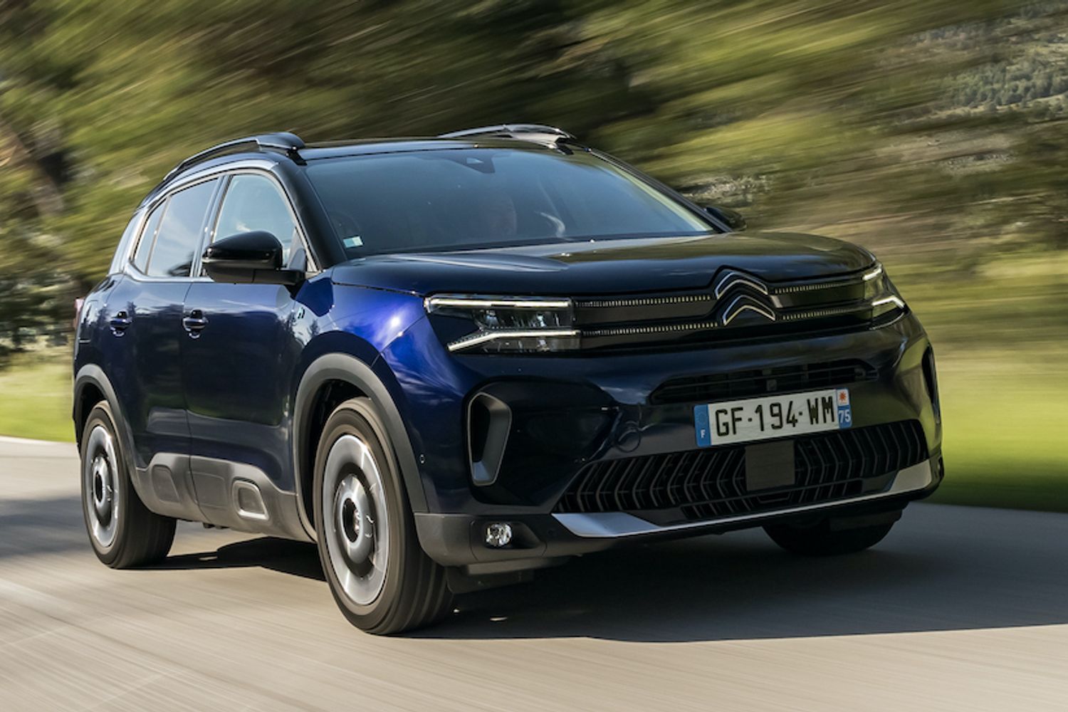 Citroen C5 Aircross, action shot, front three quarters, French registered, blue car