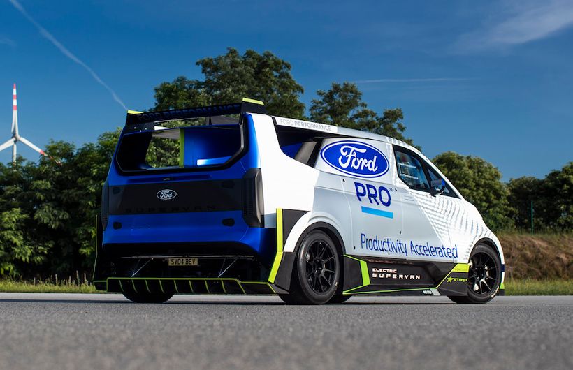 Ford E-Transit Supervan, rear three quarters static shot