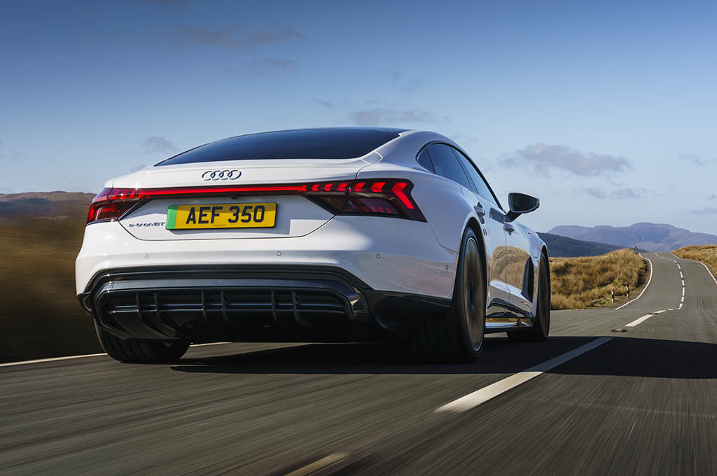 Audi E-TRON GT, White, Action shot, Rear three angles