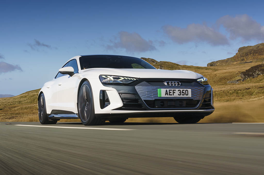 Audi E-TRON GT, White, Action shot, front three angles