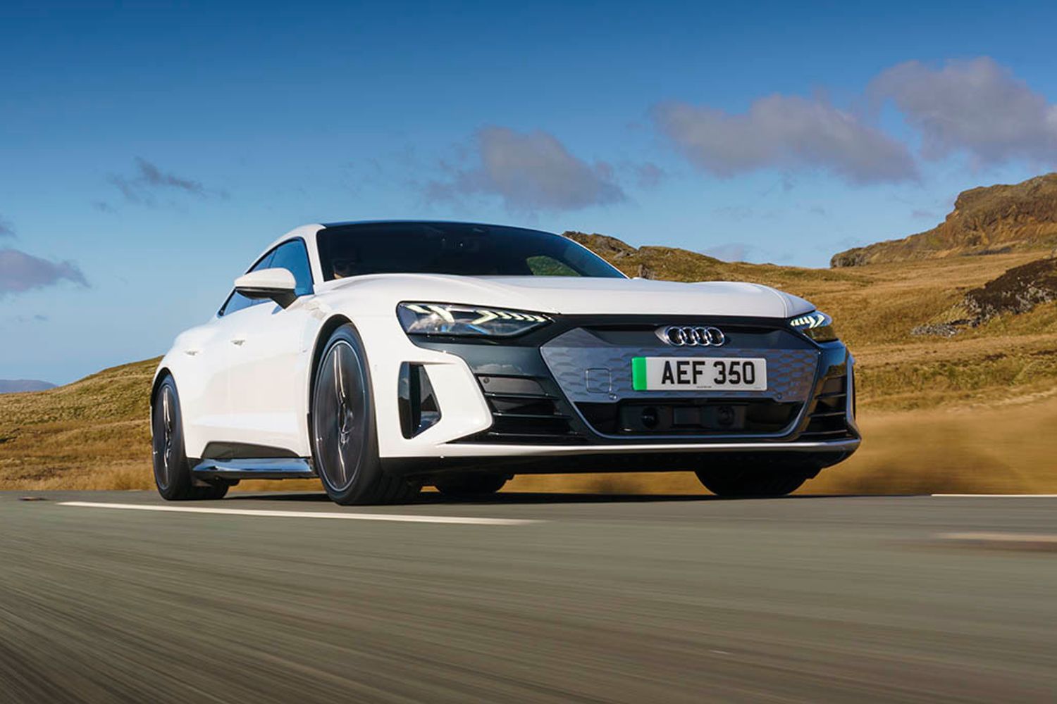 Audi E-TRON GT, White, Action shot, front three angles